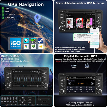 7 inch autoradio voor Audi A3 S3 RS3 8P met cd-/dvd-speler, 8-core 4+64GB head-unit Ingebouwde gyroscoop Draadloze Carplay/Android Auto GPS-navigatie WiFi 4G Bluetooth FM/AM RDS DSP SWC