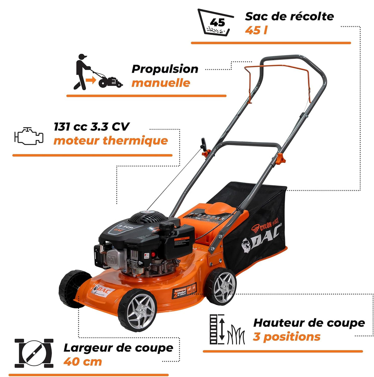 RURIS Thermische grasmaaier DAC 100XLS - motor 3,3 pk 131 cc - maaibreedte 40 cm - opvangbak 45 l - oppervlakte tot 1300 m²