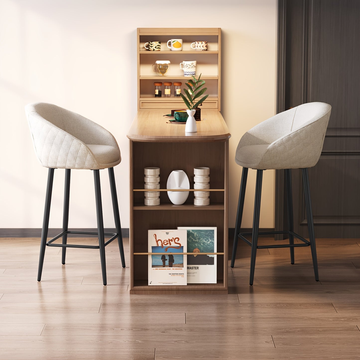 Barkrukken – Barkruk Set – Barstoel – Keukenkruk – Counterkruk – Set Van 2 – Stevige Constructie – Comfortabele Gevoerde Zitting – Lichtbeige Armlos – Minimalistisch Design