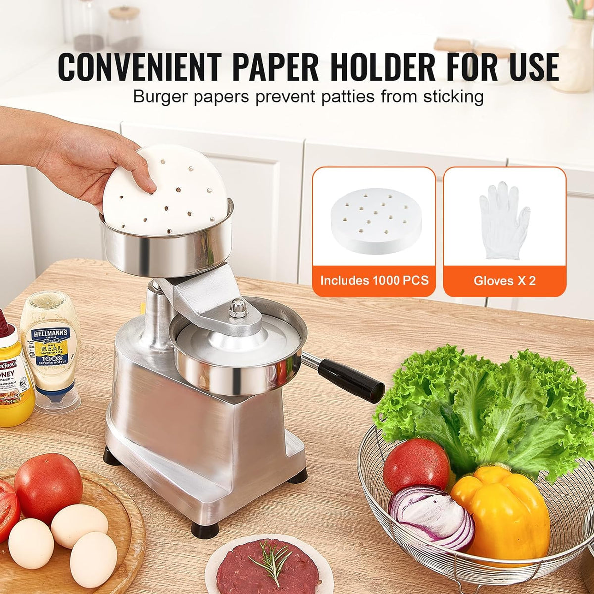 Hamburgerpattymaker – Hamburgerpers – Burgerpers – Hamburgermaker – Vleespers – 130 Mm / 5 Inch – Handmatig Hefboomontwerp, ≥100 Patties Per Uur – SUS304 Rvs Voedselbak