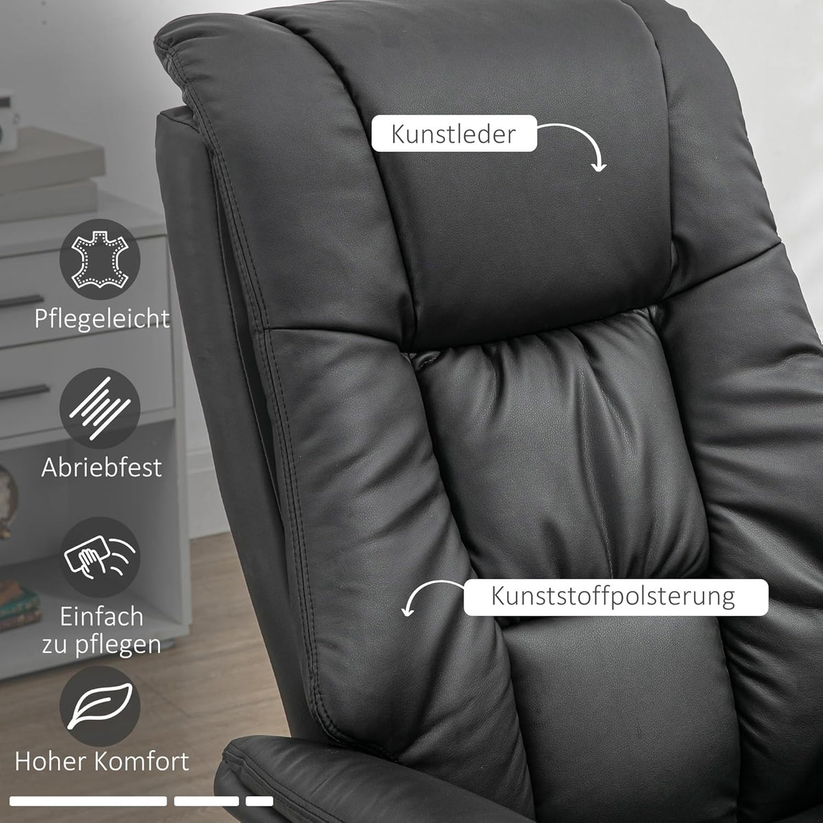 HOMCOM Recliner Chair with Footstool, TV Chair, Upholstered Chair, TV Chair with Reclining Function, 130° Tilting for Living Room, Recreation Room, Black Faux Leather, 77 x 89 x 110 cm. - QUORE