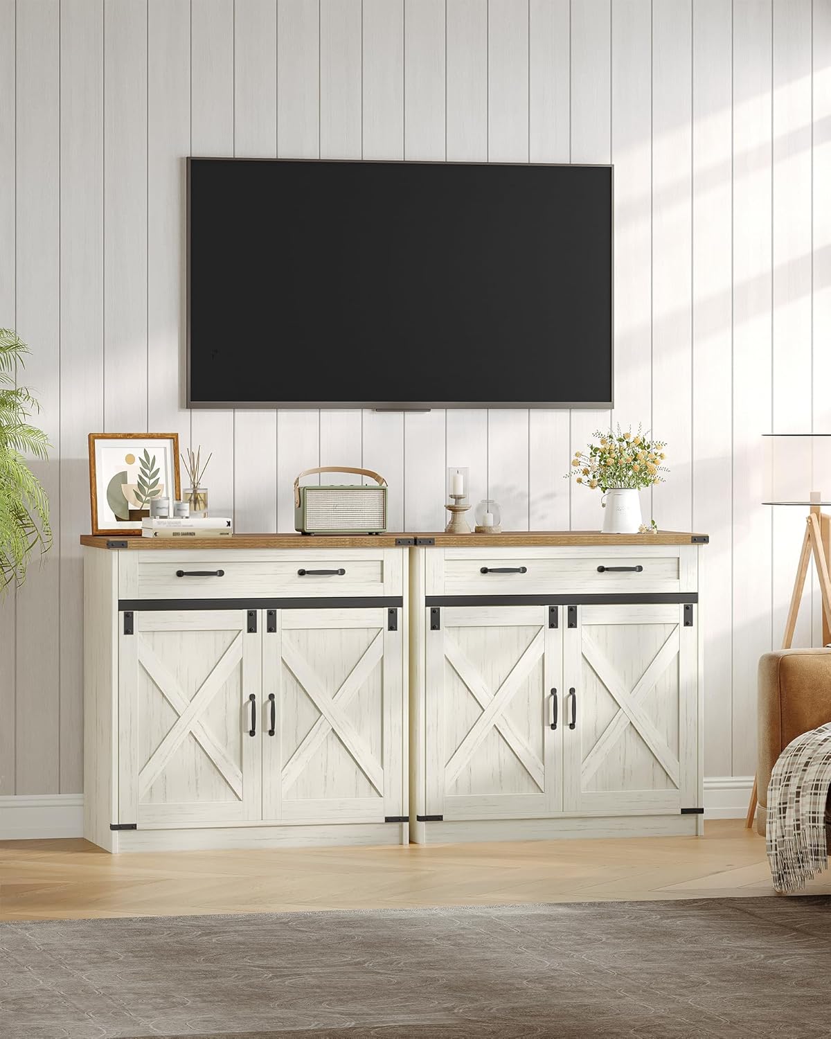 Hzuaneri Kitchen Cabinet, Sideboard with Drawer, Storage Cabinet with 2 Doors, Adjustable Shelves, Country House Style, Kitchen, Living Room, 40 x 80 x 80 cm, Vintage Brown-White SC84814X