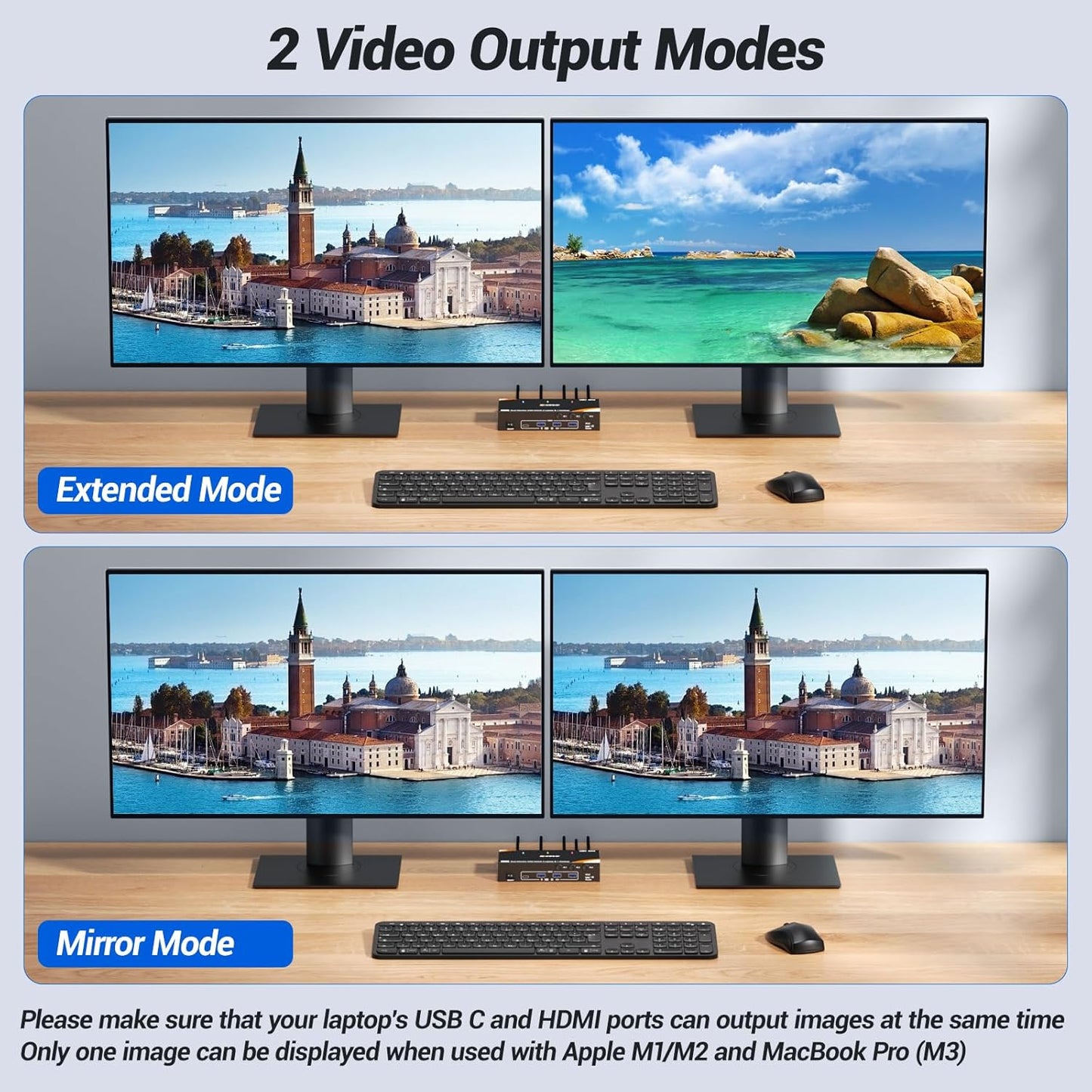 KVM Switch 2 Monitors 3 Computer USB C, USB 3.0 KVM Switch Dual Monitor HDMI for 2 Laptops 1 Desktop Share 4 USB3.0 Device Keyboard, Mouse, 85W PD, 4K@60Hz, Power Adapter and Wired Remote