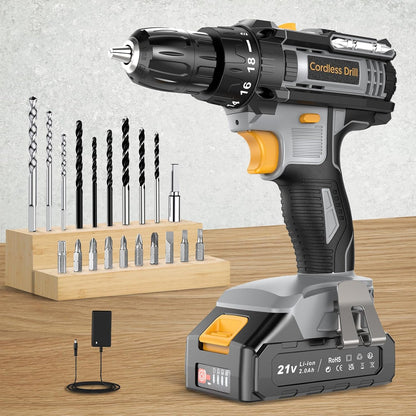 Accuschroevendraaier, 21 V accuschroefboormachine met 2,0 Ah accu, accuboor 10 mm boorhouder, 2 versnellingen, 18 + 1 draaimomentniveaus, 21-delige accessoireset, led-licht voor tuin, reparatie