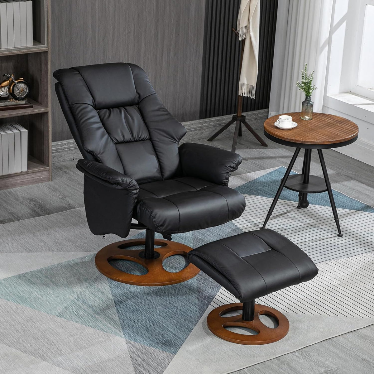 HOMCOM Recliner Chair with Footstool, TV Chair, Upholstered Chair, TV Chair with Reclining Function, 130° Tilting for Living Room, Recreation Room, Black Faux Leather, 77 x 89 x 110 cm. - QUORE