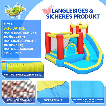 springkasteel voor kinderen met glijbaan en klimwand, opblaasbaar springkasteel met ingebouwde ventilator, binnen en buiten springmat voor kinderen Bouncy Castle 3-10 jaar 274 x 310 x 218