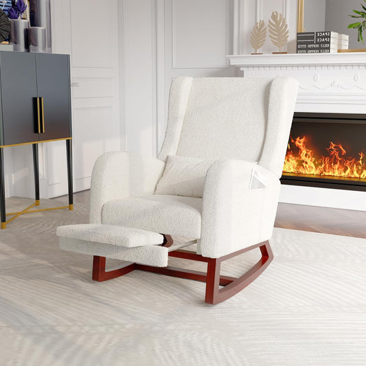 Schommelstoel – Relaxstoel – Wiegstoel – Leesstoel – Borstvoedingsstoel – Sherpa Offwhite Stof – Ergonomische Rugondersteuning met Voetenbank