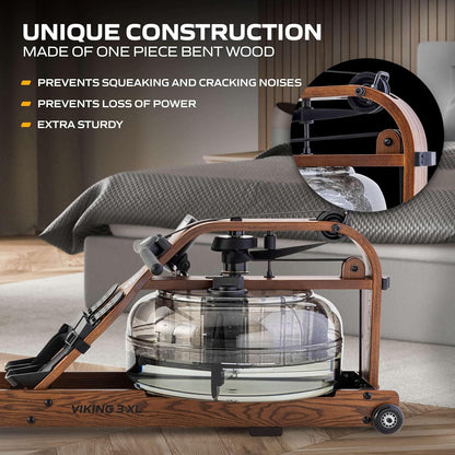 Fluid Rower Viking 3 XL Rowing Machine - 10 Resistance Rowing Machine - Heart Rate Monitor - Water Resistance - Rowing Machine for Home - Color: Walnut - QUORE