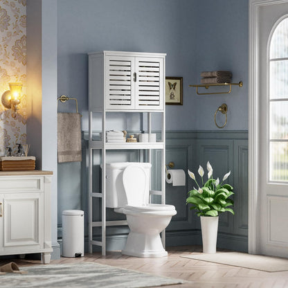 SMIBUY Badkamer boven het toilet opbergkast, 2-deurs bamboe kast organizer, vrijstaand ruimtebesparend toiletrek met verstelbare binnenplank en open plank (wit)