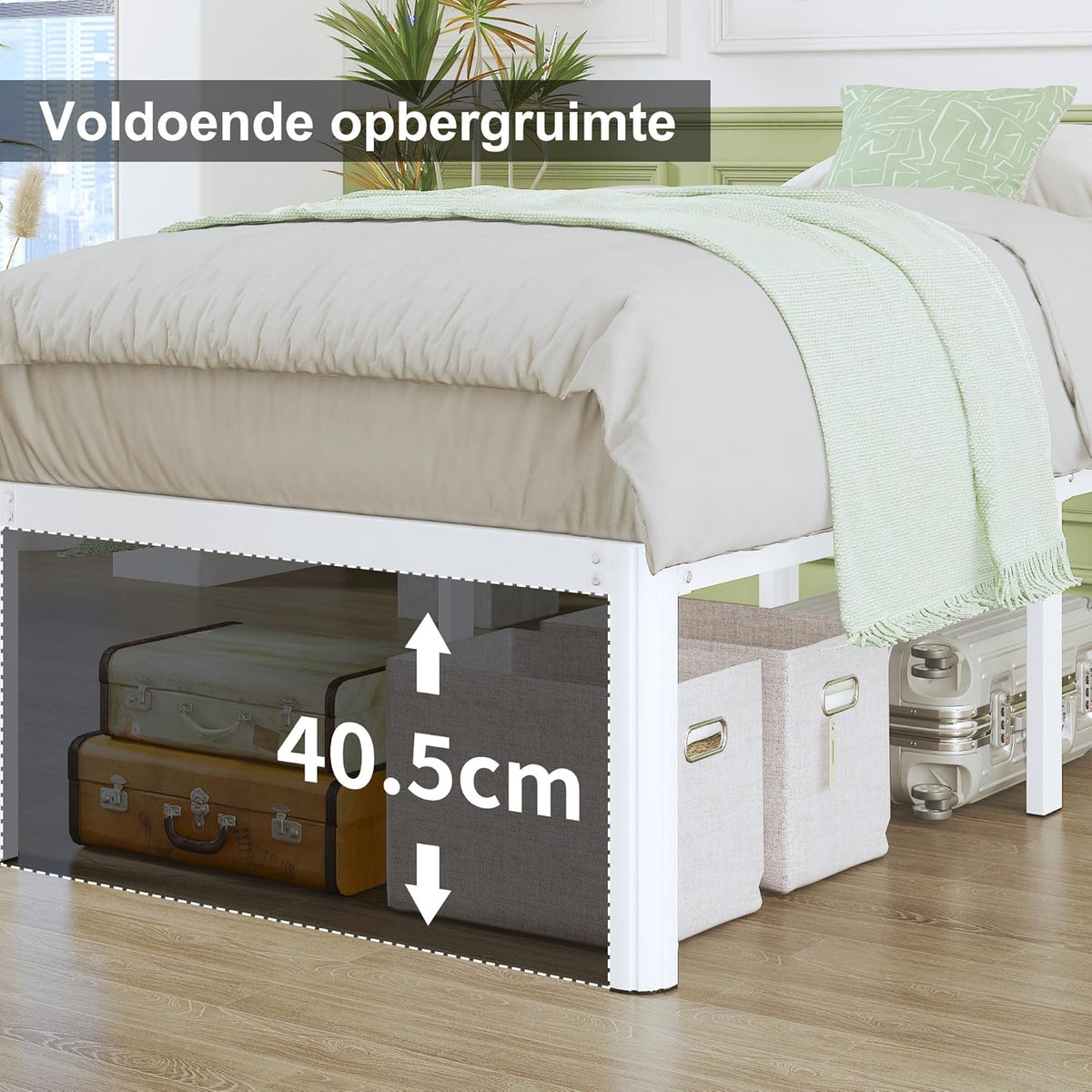 Lutown-Teen Metalen Bedframe 150x190 cm met Ronde Hoekpoten, Hoogte 46cm, Bed Frame 150x190 Metaal met Lattenbodem, Veel Opbergruimte onder het bed, Eenvoudige Montage, Wit