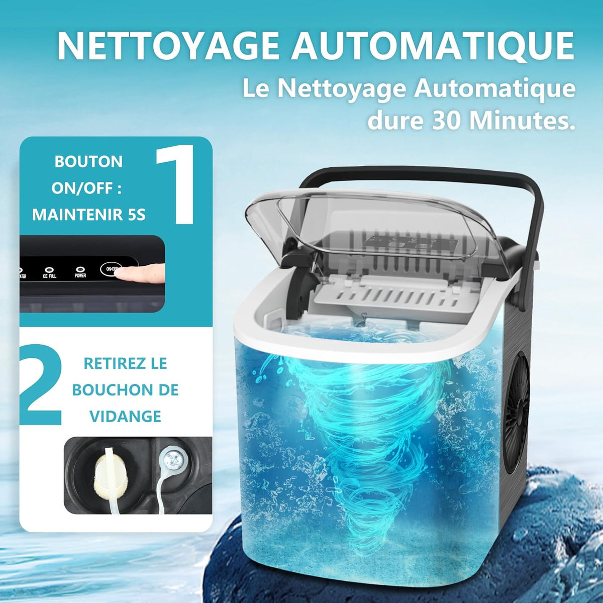 EUHOMY IJsblokjesmachine, 12 kg in 24 uur, 9 ijsblokjes in 8 minuten, roestvrij staal, krachtige ijsmachine met draaggreep, lepel, voor huis/keuken/camping