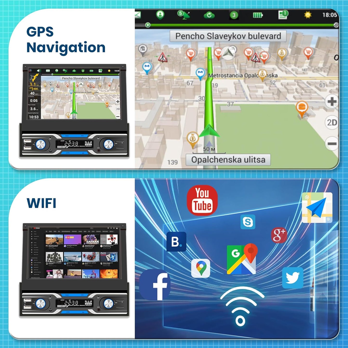 Autoradio 1 Din – Android Autoradio – Carplay Autoradio – GPS Navigatie Radio – DAB+ Autoradio – 7 Inch Automatisch Uitschuifbaar Scherm – Draadloze CarPlay & Android Auto