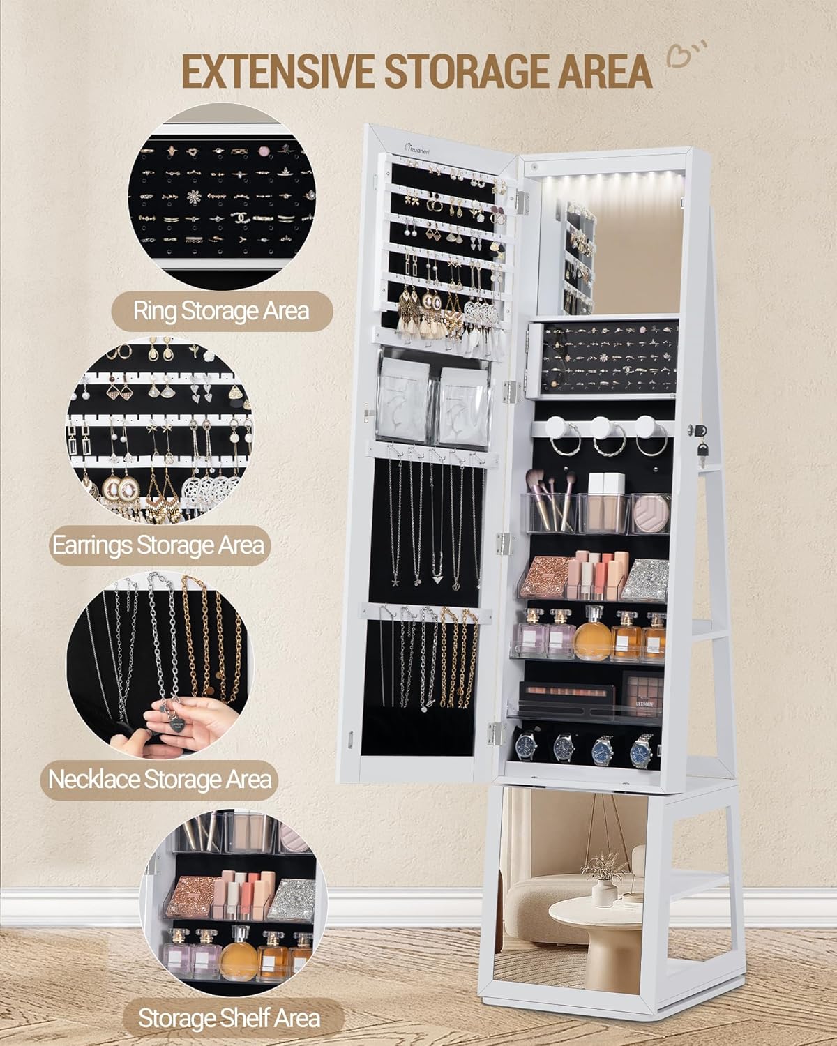 Hzuaneri Jewellery cabinet, with 360° rotating base, lockable mirror in full length, large 4-stage storage compartments, 4-in-1 multifunctional, white and black JC16003B