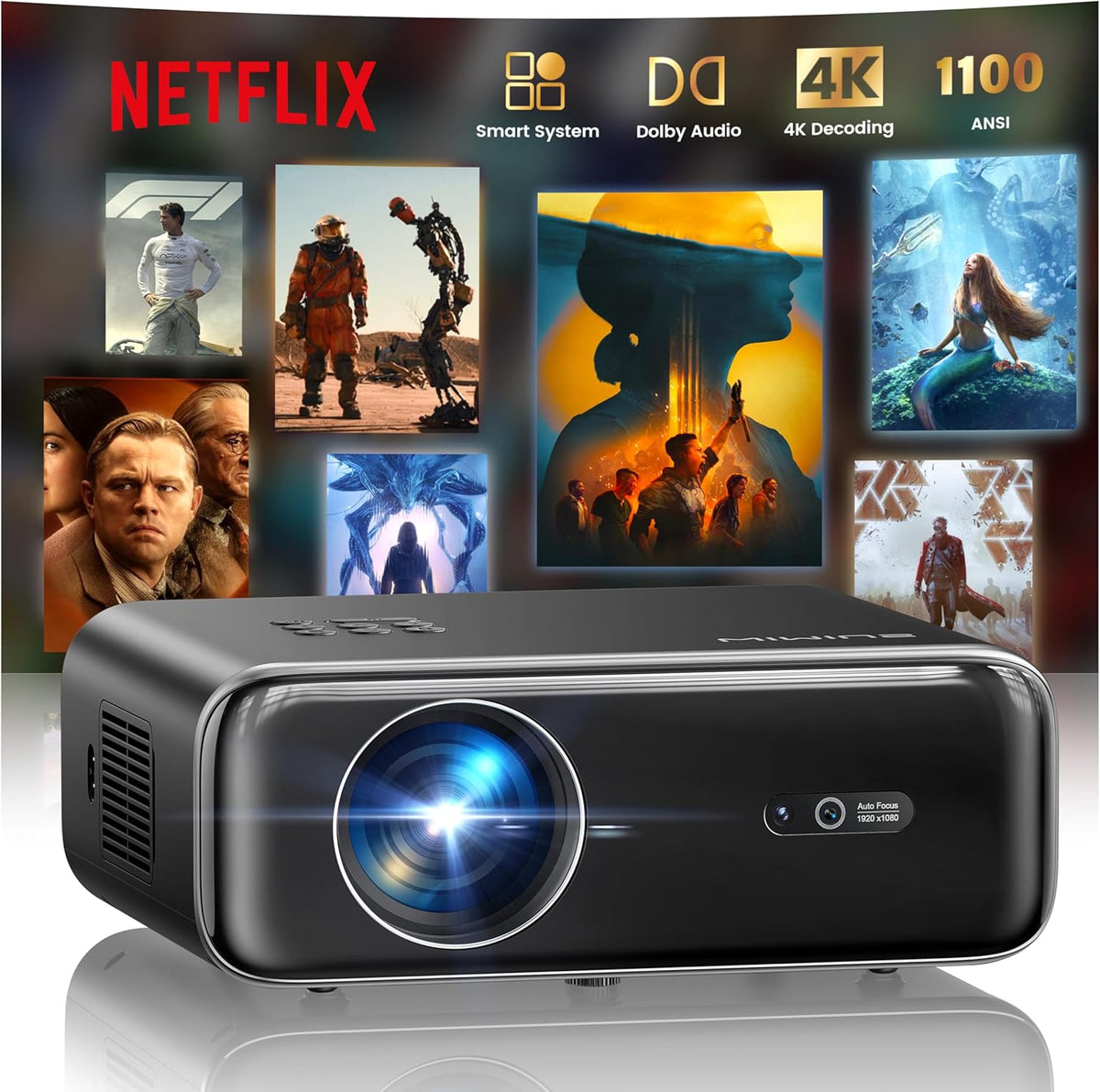 WiMiUS Beamer [Netflix Officieel/Dolby/Autofocus] Smart Projector 4K ondersteuning, WiFi Bluetooth videoprojector Full HD 1080P native draagbaar met Auto Keystone / Zoom 50% / HDMI ARC / CEC voor