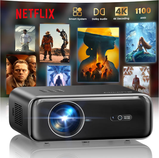 WiMiUS Beamer [Netflix Officieel/Dolby/Autofocus] Smart Projector 4K ondersteuning, WiFi Bluetooth videoprojector Full HD 1080P native draagbaar met Auto Keystone / Zoom 50% / HDMI ARC / CEC voor