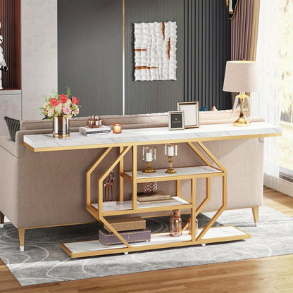 Sidetable – Consoletafel – Haltafel – Wandtafel – Bijzettafel – Extra Lang 180 cm – Wit Marmerlook Met Gouden Metalen Frame