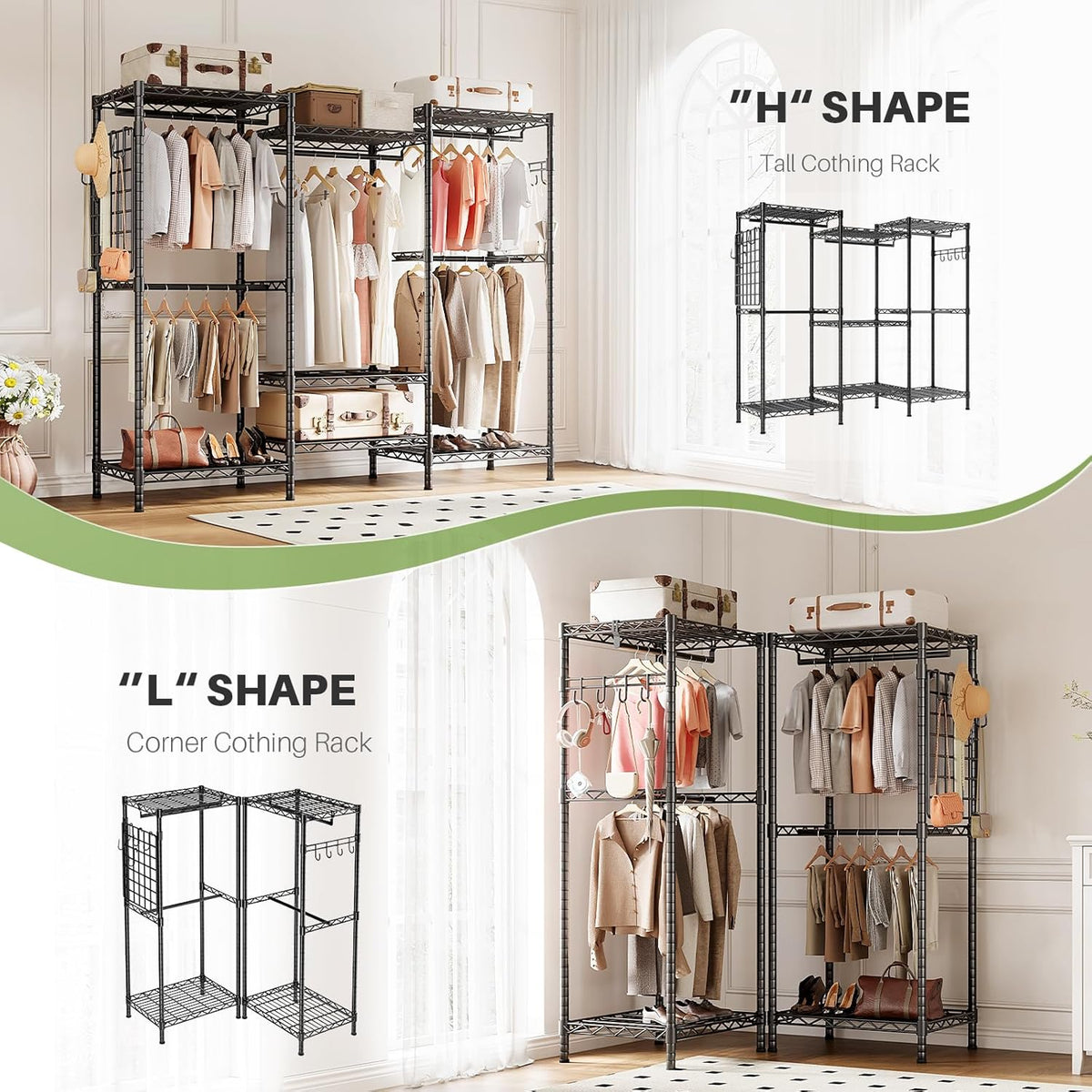 HOKEEPER Draagbare kledingkast, robuuste kledingstandaard, vrijstaande kledingstangen, verstelbare kastplanken, 177 cm L x 43 cm B x 193,5 cm H, maximale draagkracht 725 kg, zwart