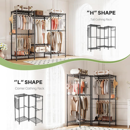 HOKEEPER Draagbare kledingkast, robuuste kledingstandaard, vrijstaande kledingstangen, verstelbare kastplanken, 177 cm L x 43 cm B x 193,5 cm H, maximale draagkracht 725 kg, zwart