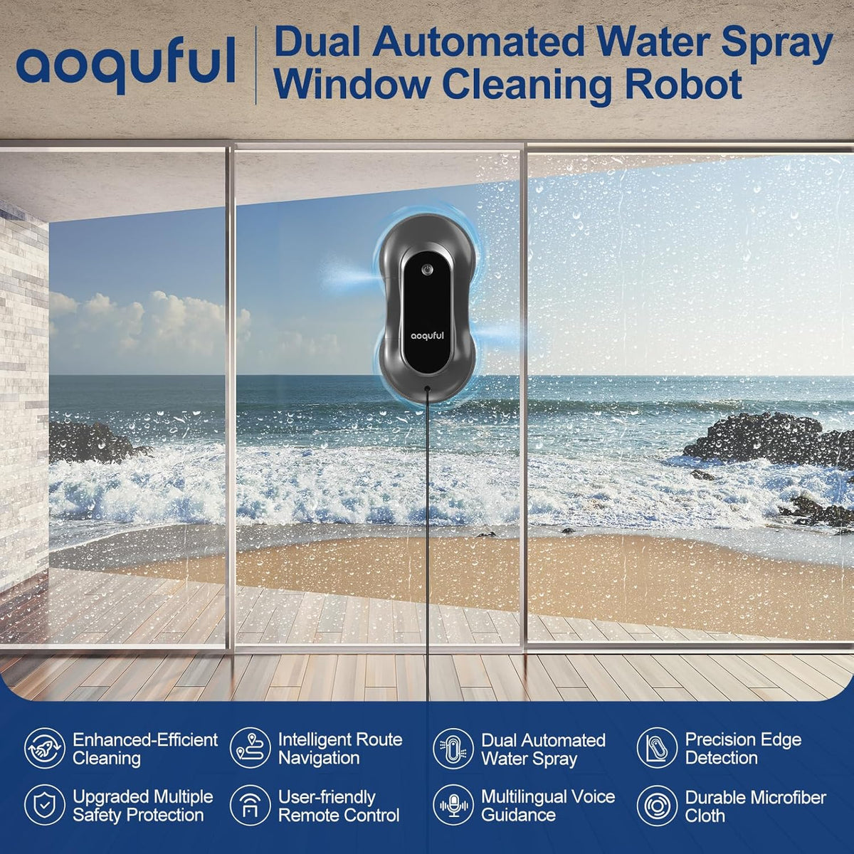 Intelligente Ruitenreinigingsrobot – Raamreiniger – Elektrische Ramenwasser – Glasreinigingsrobot – Automatische Ruitenreiniger – Dubbel Waterspray Systeem – Afstandsbediening en App-Bediening – Grijs – Inclusief 12 Wasbare Microvezeldoekjes