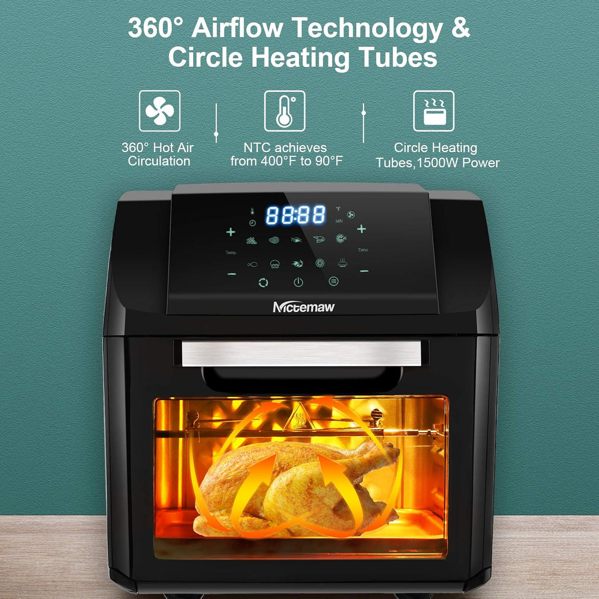 Nictemaw Olievrije friteuse van 12 liter, 1500 W, heteluchtfriteuse, heteluchtoven met 10 programma's, dehydrator, met LED-display (XXX-groot)