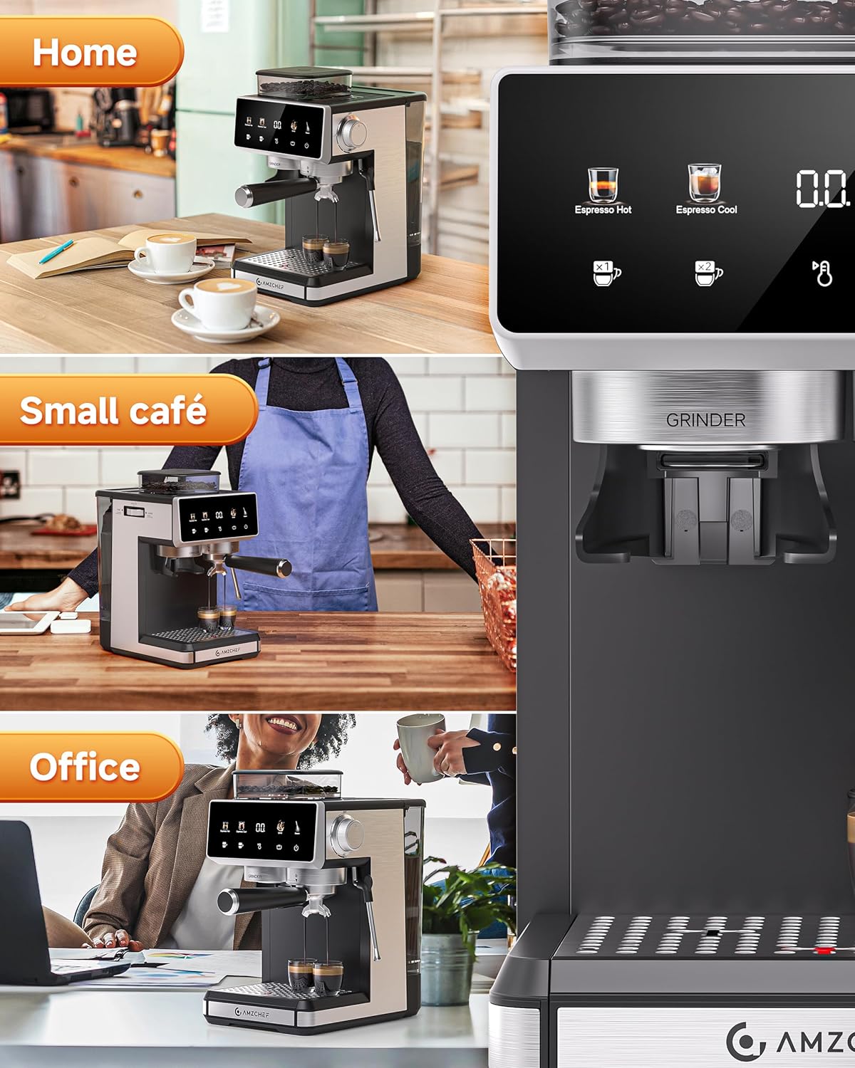 AMZCHEF Zeefdragermachine met maalwerk, 20 bar, espressomachine voor thuis met melkopschuimer, 3 temperatuurniveaus, 20 maalgraden, koud en warm brouwen, touchscreen-display