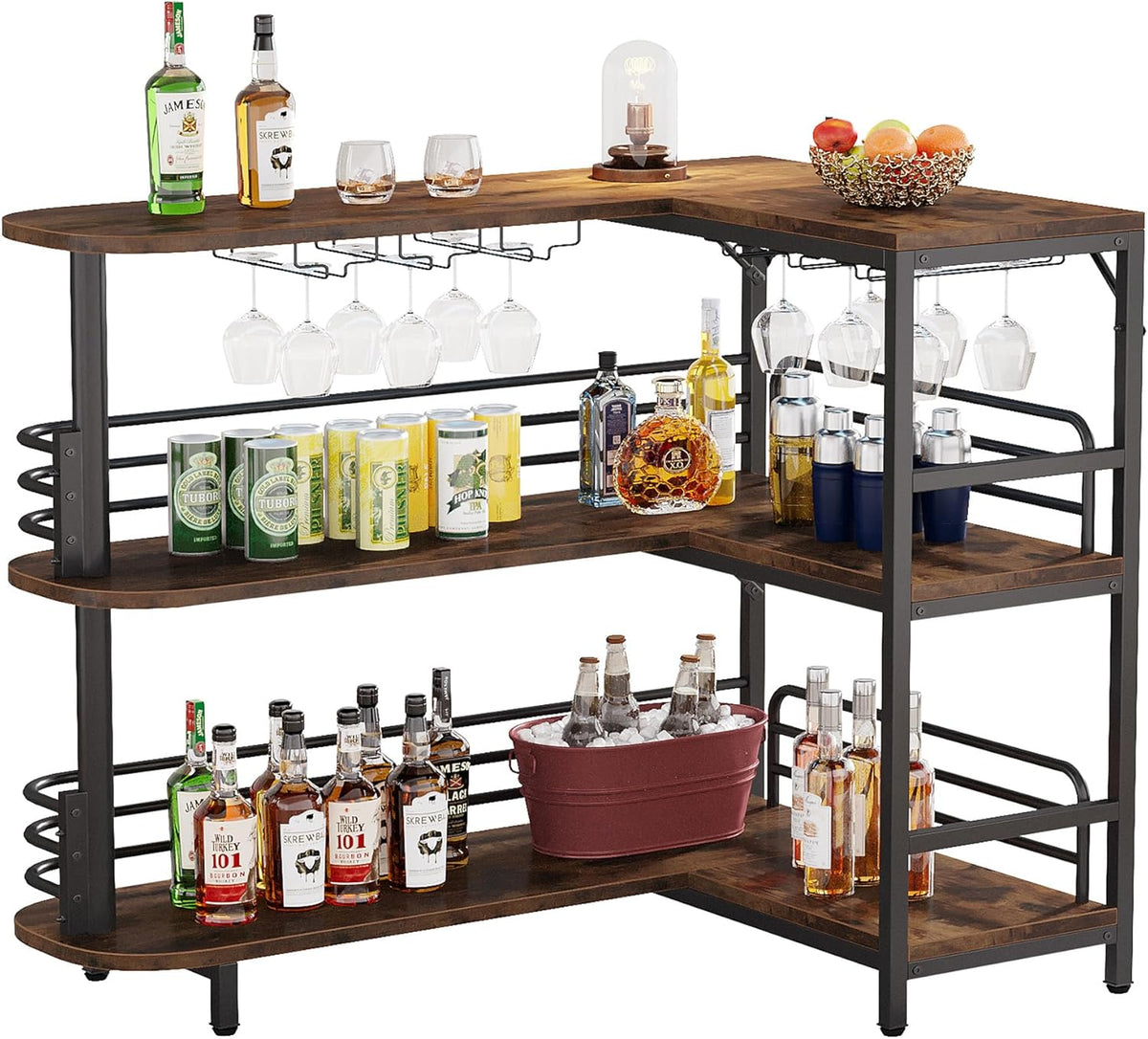Tribesigns Bar Table, L Shape, Bistro Table, Spirits, 3 Levels, with Bottle Rack and Cup Holder, Kitchen Table, Corner Table for Living Room, Kitchen, Brown, Rustic