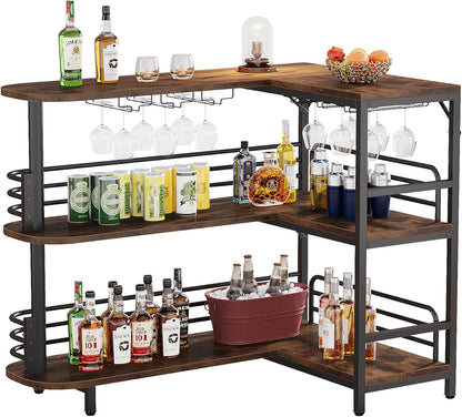 Tribesigns Bar Table, L Shape, Bistro Table, Spirits, 3 Levels, with Bottle Rack and Cup Holder, Kitchen Table, Corner Table for Living Room, Kitchen, Brown, Rustic