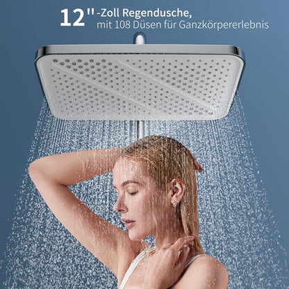 Thermostaat Douchesysteem – Regendouche – Handdouche – Watervalletuit – Douchepaneel – Glasplank 40x10 cm – Veilig 38°C Temperatuurstop – 12 inch 360° Draaibare Regendouchekop
