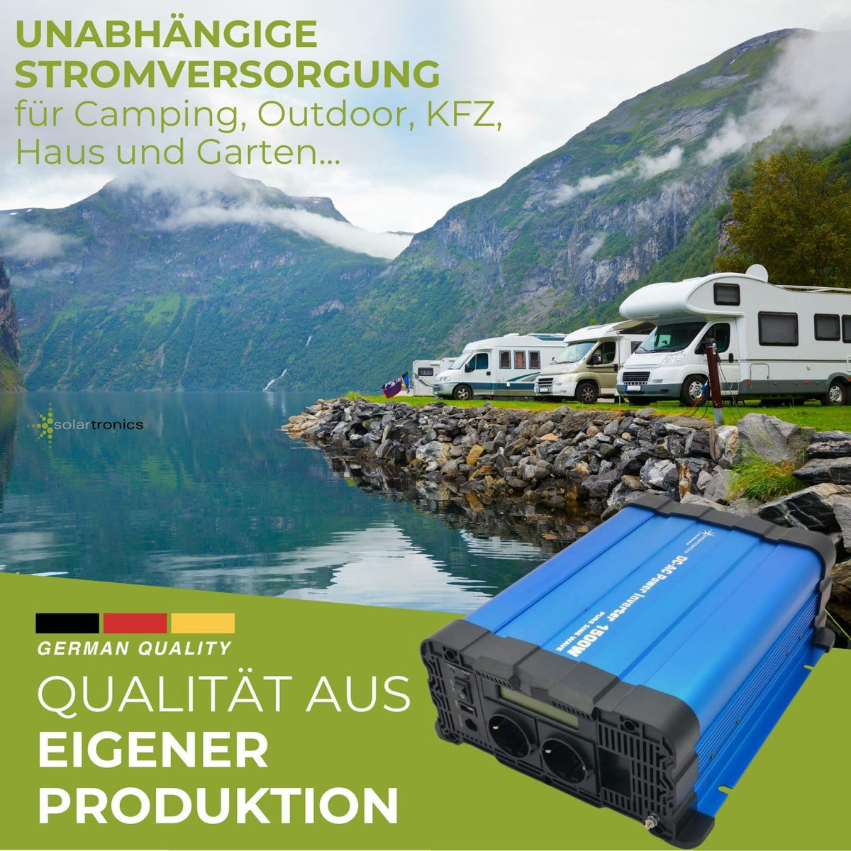 solartronics Spanningsomvormer FS1500D 24V 1500/3000 Watt pure sinus BLAUW m. Display FS serie LiFePO4 Lithium AGM Gel lood inverter omvormer