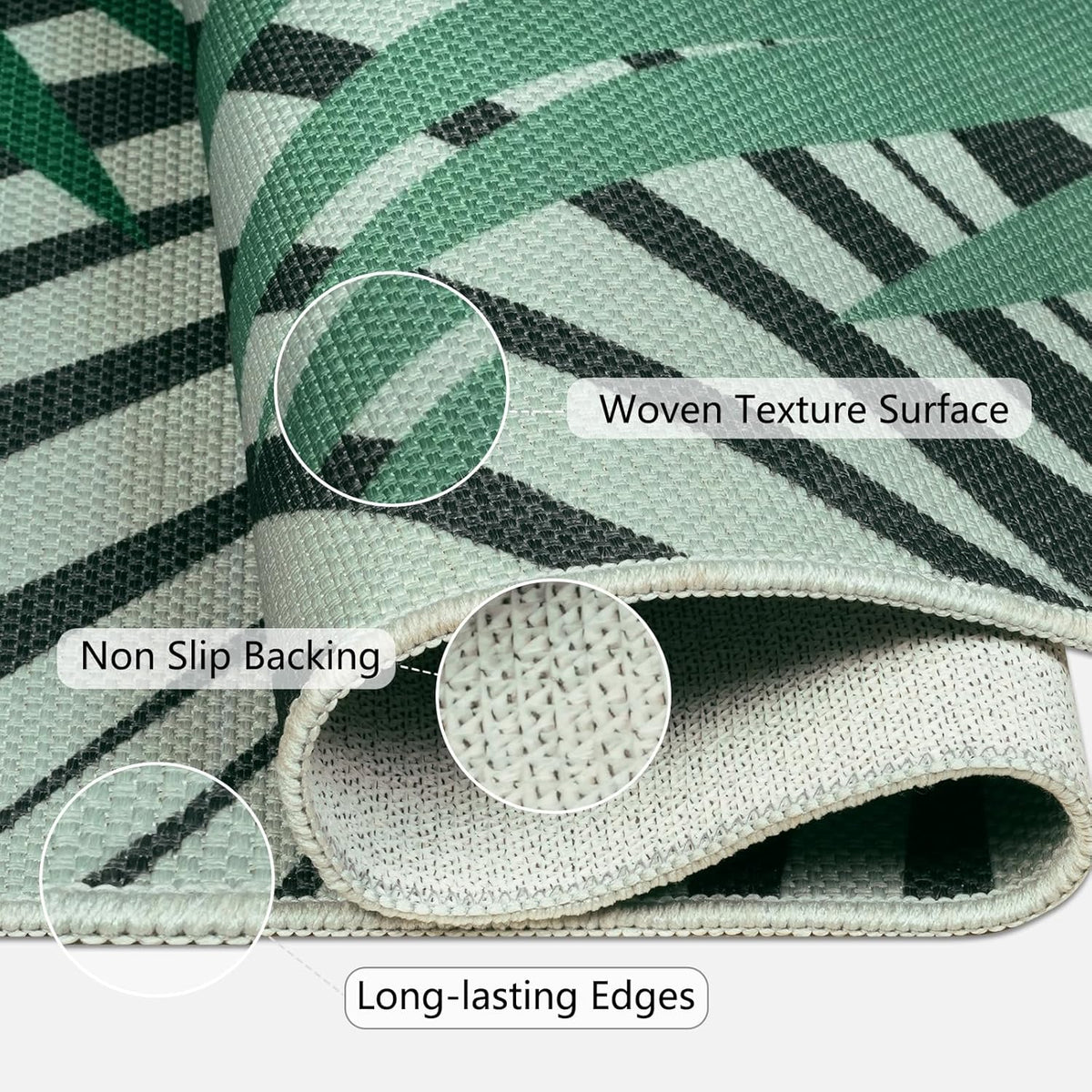 Cekene Vloerkleed voor binnen en buiten, weerbestendig, voor woonkamer, balkon, keuken, terras, plat tapijt, sisal-look, met groene bladeren, 200 x 300 cm