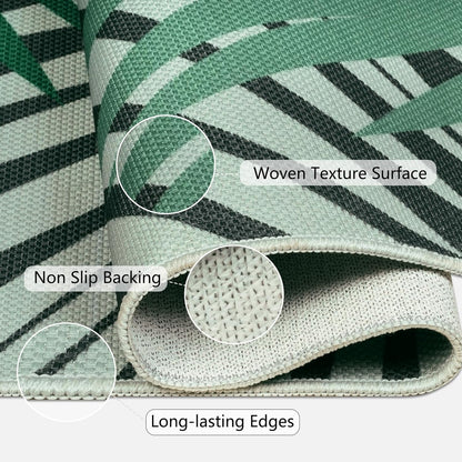 Cekene Vloerkleed voor binnen en buiten, weerbestendig, voor woonkamer, balkon, keuken, terras, plat tapijt, sisal-look, met groene bladeren, 200 x 300 cm