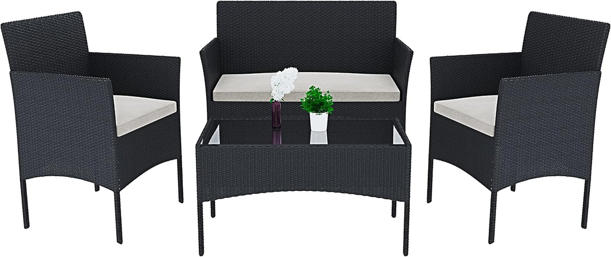 Arreditaly Tuinmeubelset, woonkamer, rotan, 4-zits met tafel en glazen rek, 2 stoelen en 2-zits, voor tuin, buitenzwembad, afneembare kussens (zwart)