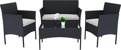 Arreditaly Tuinmeubelset, woonkamer, rotan, 4-zits met tafel en glazen rek, 2 stoelen en 2-zits, voor tuin, buitenzwembad, afneembare kussens (zwart)