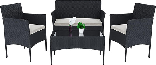 Arreditaly Tuinmeubelset, woonkamer, rotan, 4-zits met tafel en glazen rek, 2 stoelen en 2-zits, voor tuin, buitenzwembad, afneembare kussens (zwart)