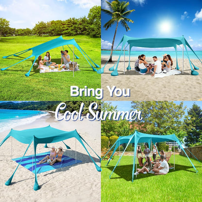 Rhino Valley Beach Tent, 10 x 10 FT Beach Shade UPF50+ Protection, Beach Canopy with 8 Sandbags 4 Stability Poles,Outdoor Beach Tent Sun Shelter Umbrella for Sand,Camping,Fishing Essentials,Mint Green