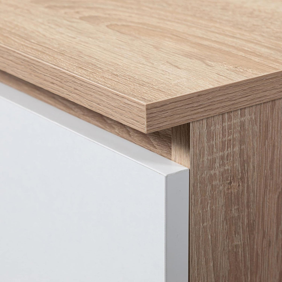AKORD Corner Desk B-16 with 3 Drawers and 2 Shelves, Corner Desk for Home Office, L124 x H77 x D85, 48 kg, Sonoma Oak and White Front - QUORE