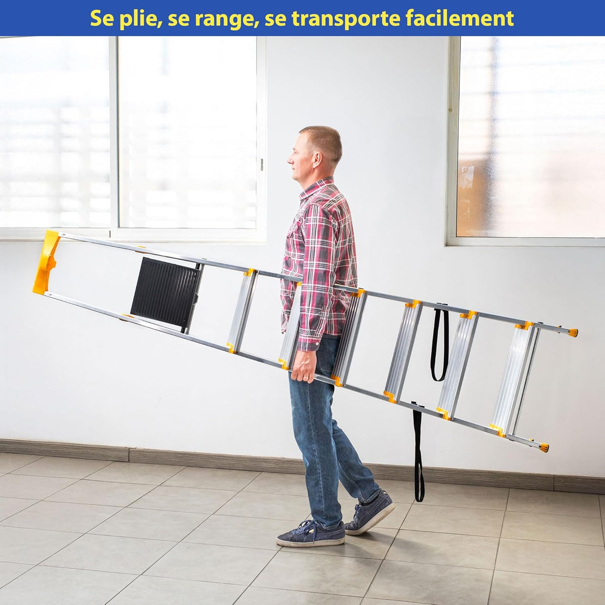 HOSTROM Ladder met 7 treden van aluminium, veilige opvouwbare ladder, gereedschapshouder, extra brede treden 12 cm, voor thuisgebruik en pro