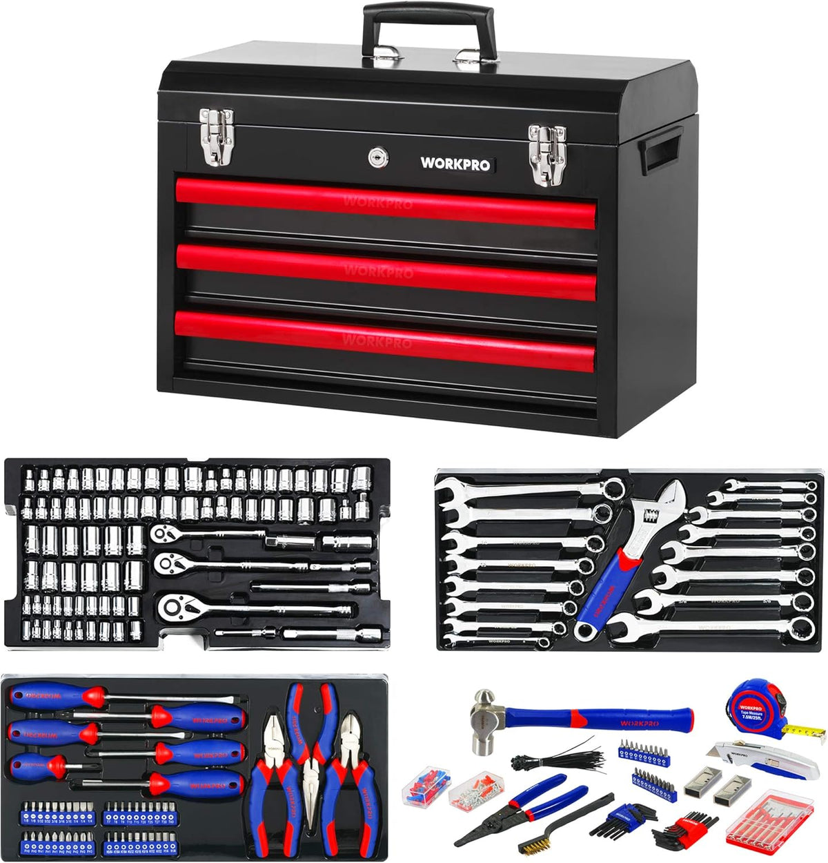 WORKPRO 408-delige mechanica gereedschapsset, CR-V hoogwaardige Home Tool Kit, 3-lade zware metalen doos