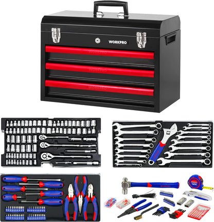WORKPRO 408-delige mechanica gereedschapsset, CR-V hoogwaardige Home Tool Kit, 3-lade zware metalen doos