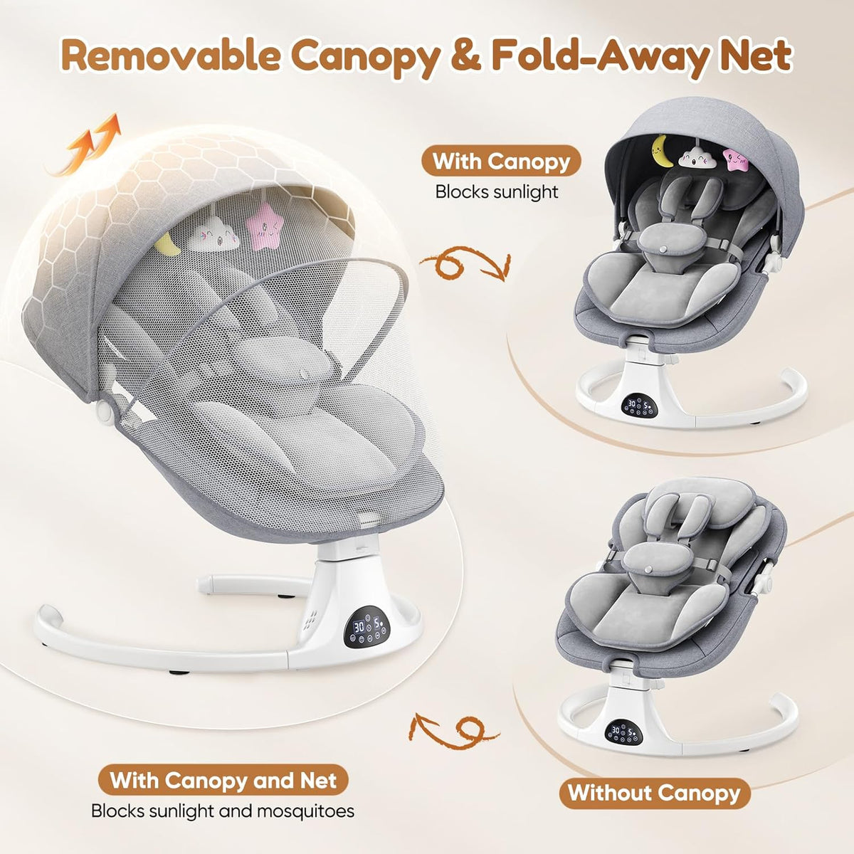 Babyschommel voor baby's tot peuter, elektrische pasgeboren schommel met 5-versnellingen, 3-zitplaatsen, 5-punts karabijnhaak, met Bluetooth-muziek, 10-vooraf ingestelde melodieën, binnen en buiten - QUORE