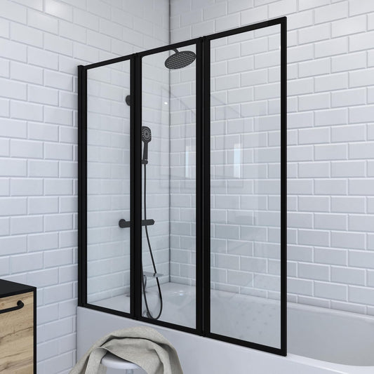 MARWELL Douchewand Triple Black 3-delig, 125 x 143 cm, opvouwbare douchewand voor badkuip, 4 mm veiligheidsglas, mat zwart