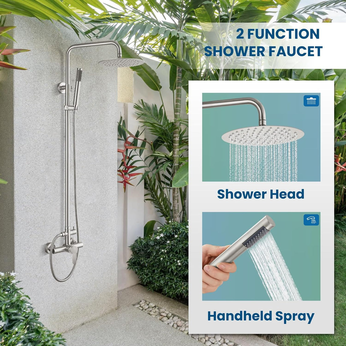 Outdoor Douchekraan SUS304 Douche Armatuur Systeem Combo Set Regendouche Enkele Handvat Hoge Druk Hand Spray Muur Mount 2 Functie Geborsteld Nikkel 8 "Regendouche Hoofd Kit
