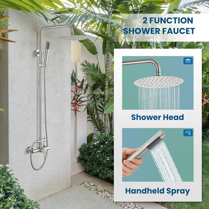 Outdoor Douchekraan SUS304 Douche Armatuur Systeem Combo Set Regendouche Enkele Handvat Hoge Druk Hand Spray Muur Mount 2 Functie Geborsteld Nikkel 8 "Regendouche Hoofd Kit
