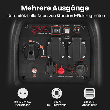 maXpeedingrods Inverter, stroomgenerator, 3500 W, superstil, licht en mobiel, noodstroomaggregaat, stroomgenerator, ECO-modus met 2 x 230 V/2 x USB/1 x 12 V DC stopcontacten voor RV camping festivals