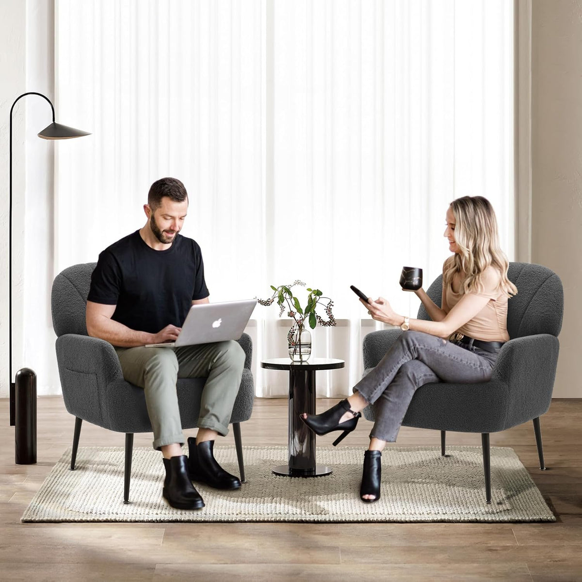 IWMH Accent Chair for Living Room, Teddy Fabric Armchair, Single Sofa Chair with Armrests, Metal Legs, Corner Chair for Bedroom Reading (Teddy Grey) - QUORE