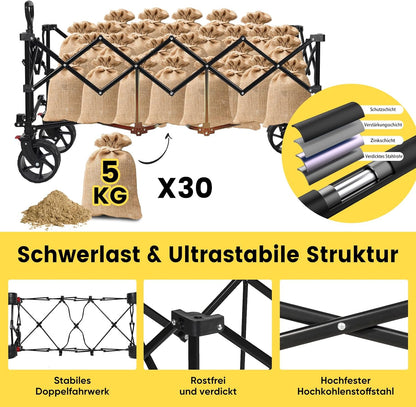 Sekey XXXL Opvouwbare Bolderwagen 300L 150KG Draagvermogen, Opvouwbare Bolderwagen 17x10 cm Extra Brede Banden voor Alle Terreinen, Gepatenteerd Opvouwbaar uit VIER Richtingen, XXXL-Super 4013, Zwart