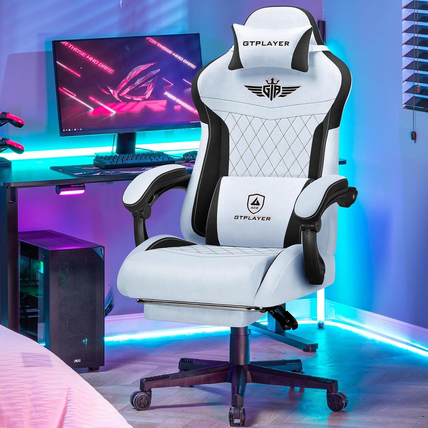 GTPLAYER Gaming Chair, Ergonomic Gamer Chair Made of High Quality Flannel with Lumbar Support, PC Chair with Widened Backrest, Maximum Load 150 kg, Light Blue - QUORE