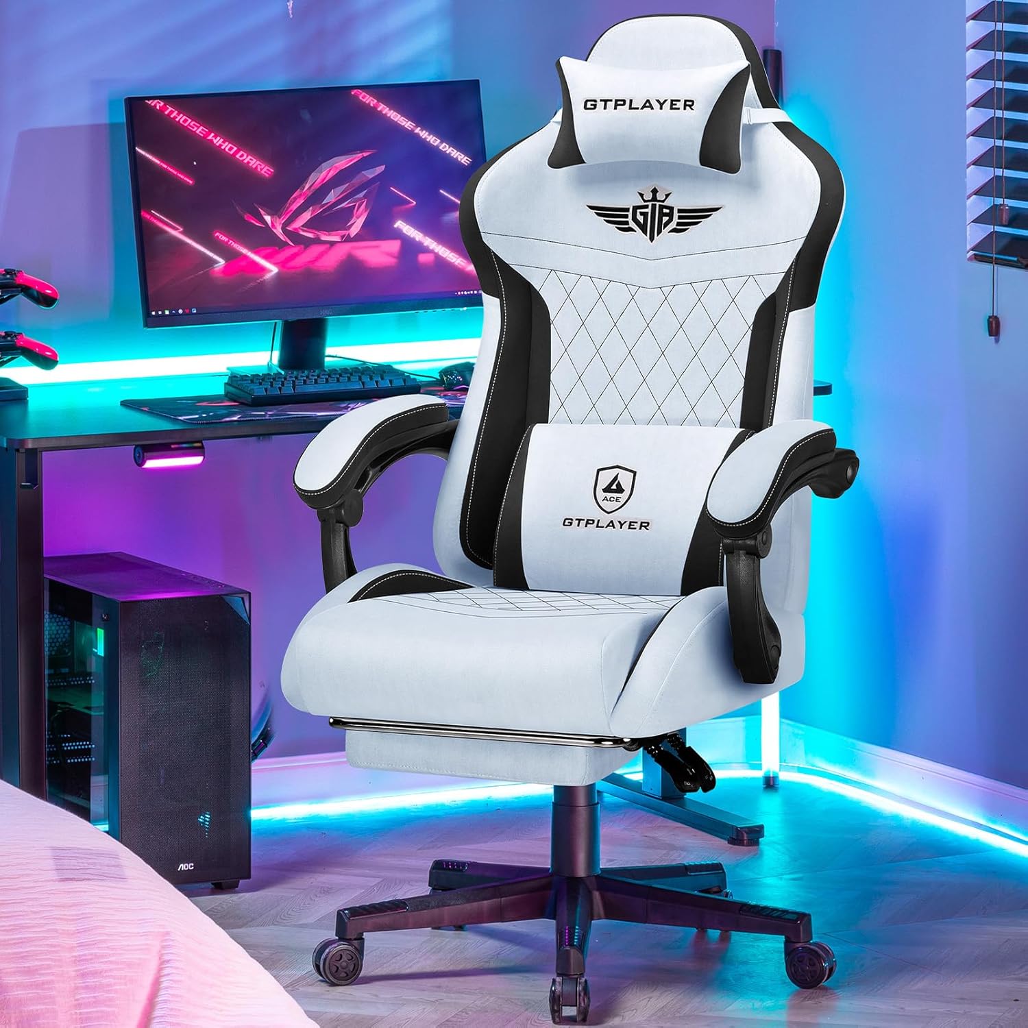 GTPLAYER Gaming Chair, Ergonomic Gamer Chair Made of High Quality Flannel with Lumbar Support, PC Chair with Widened Backrest, Maximum Load 150 kg, Light Blue - QUORE