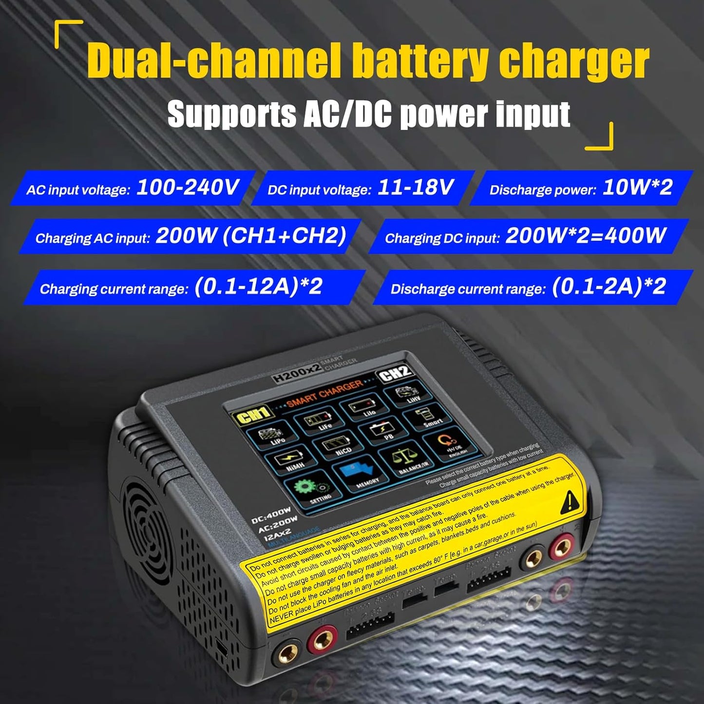 LiPo Oplader – RC Acculader – Batterijlader – Accu Oplader – RC Charger – Dubbel Kanaal – 3,2 Inch Kleuren-Touchscreen – 200W AC / 400W DC