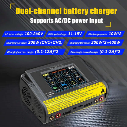 LiPo Oplader – RC Acculader – Batterijlader – Accu Oplader – RC Charger – Dubbel Kanaal – 3,2 Inch Kleuren-Touchscreen – 200W AC / 400W DC